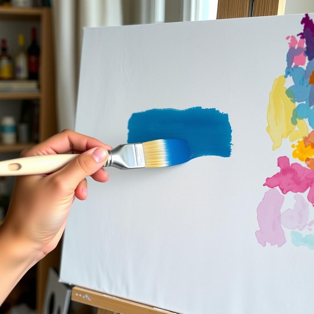 Beginner painter’s hand applying a blue flat wash on a primed canvas.