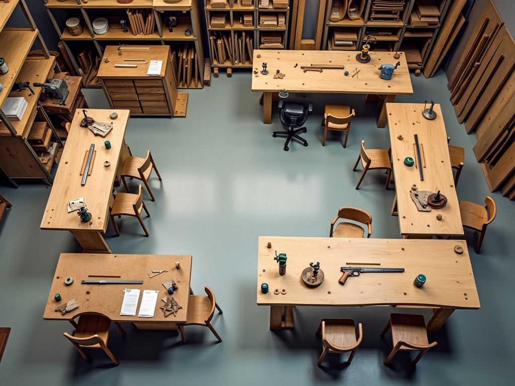 An overhead view of a workshop layout segmented into task zones, enhancing workflow efficiency.
