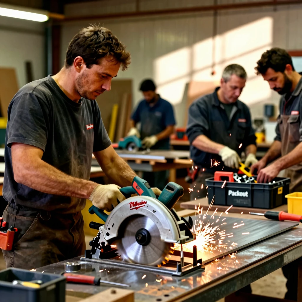 Team of workers utilizing Milwaukee tools in a modern workshop