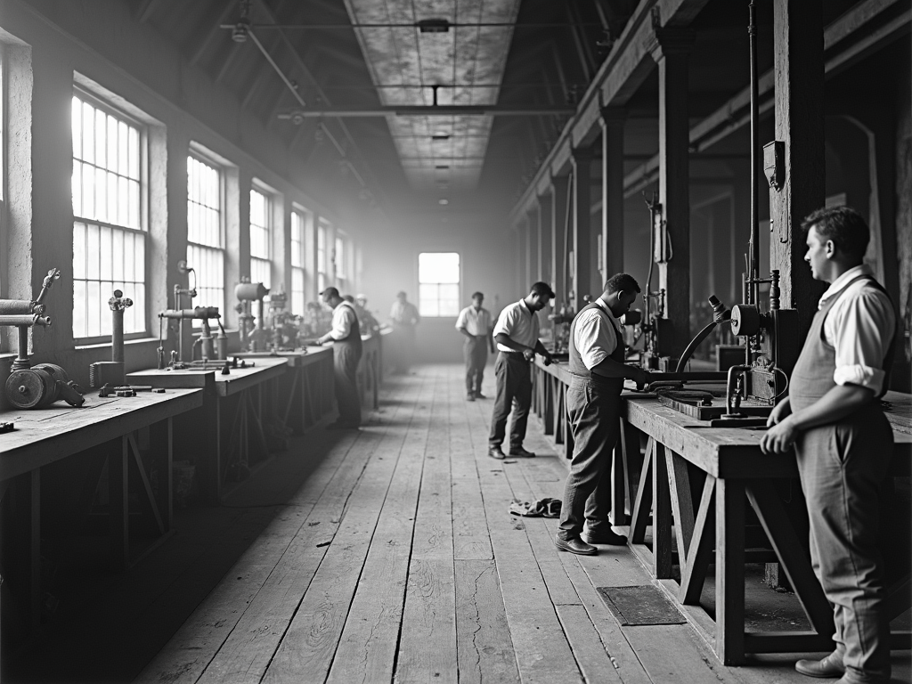 19th-century workshop with early power tools