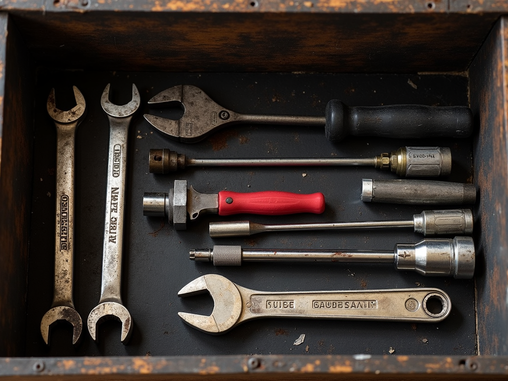 A neatly organized toolbox with essential workman tools for automotive repairs.
