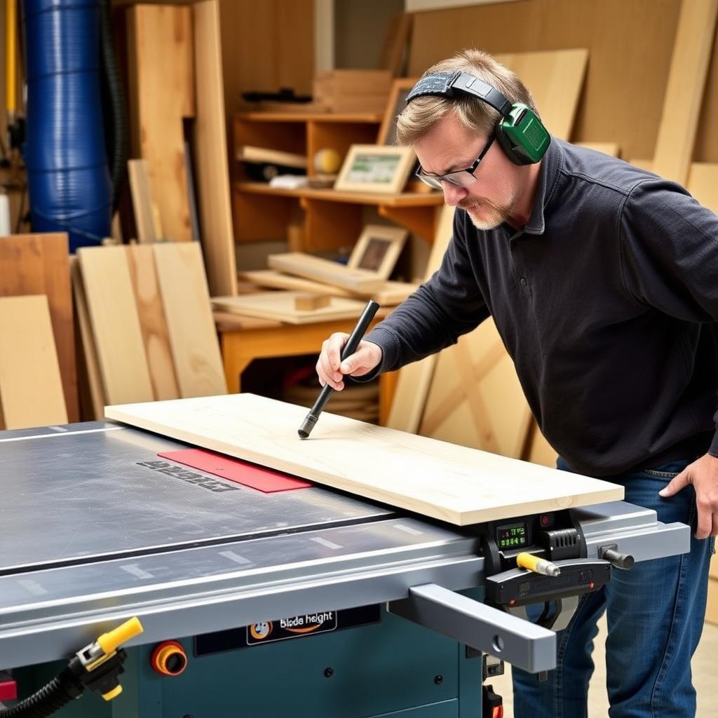 Woodworker safely using a table saw with push stick and dust collection system