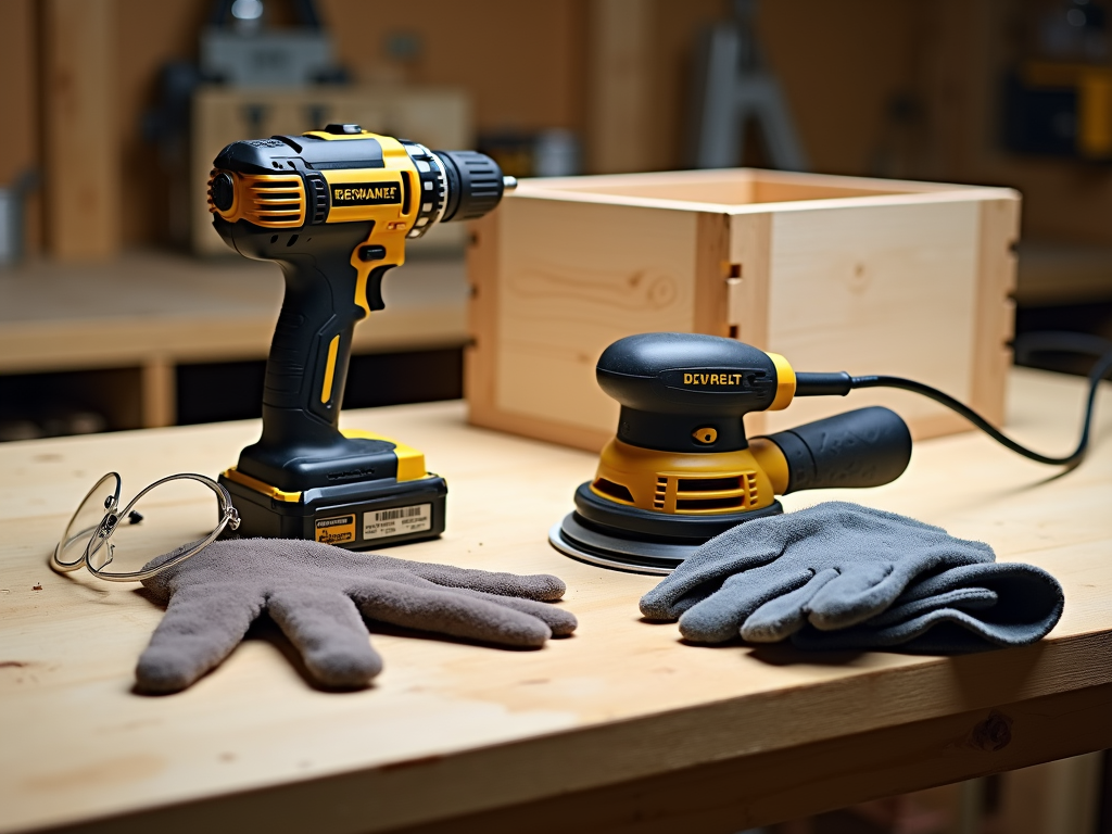 Beginner’s power tools with safety gear