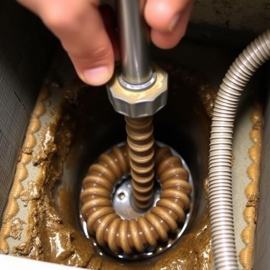 Plumber clearing a drain with a hand auger.