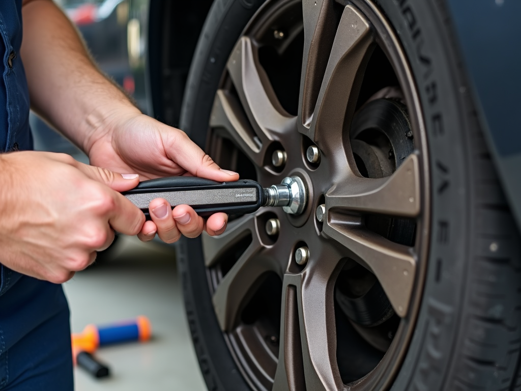 Mechanic using torque wrench on car wheel