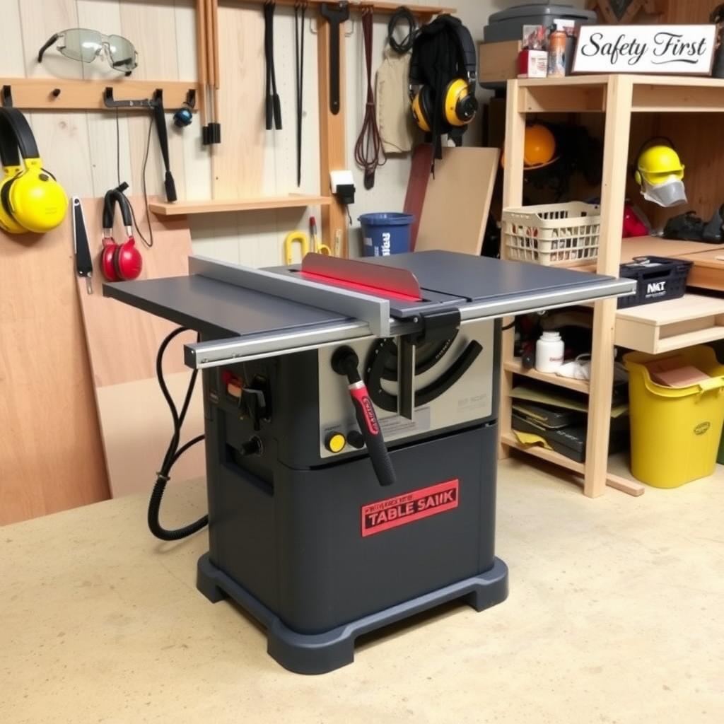Organized woodworking workshop with table saw and safety gear.