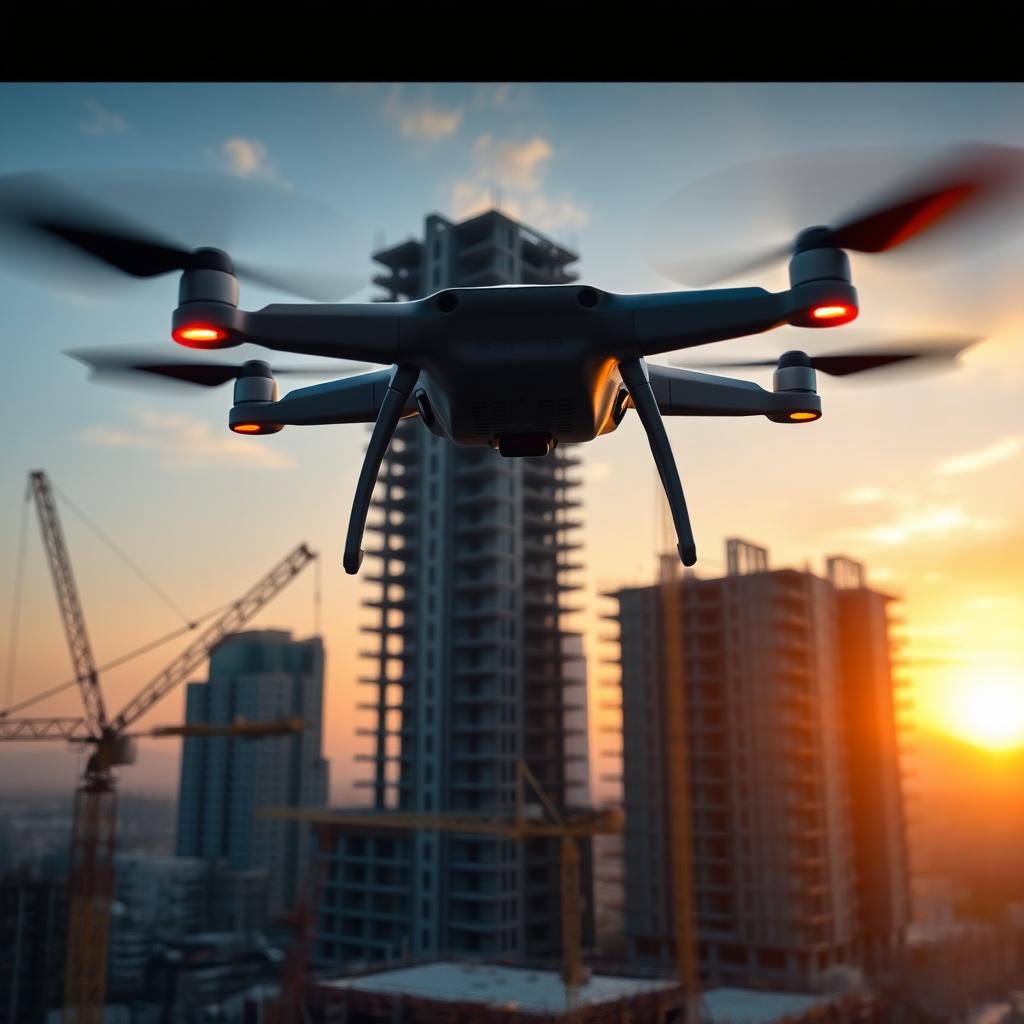 Drone capturing aerial images of a skyscraper construction site at sunset.