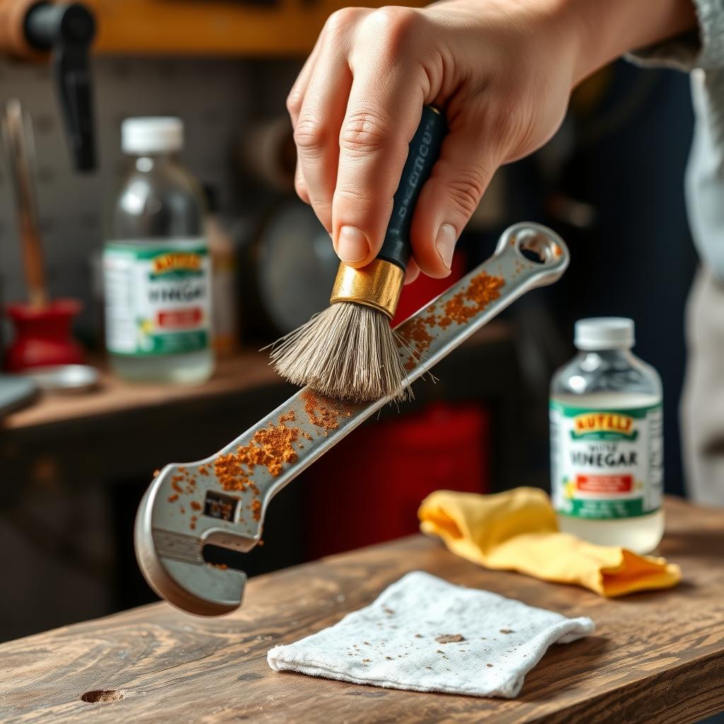 Hands cleaning rust off a wrench with a wire brush, vinegar bottle nearby.