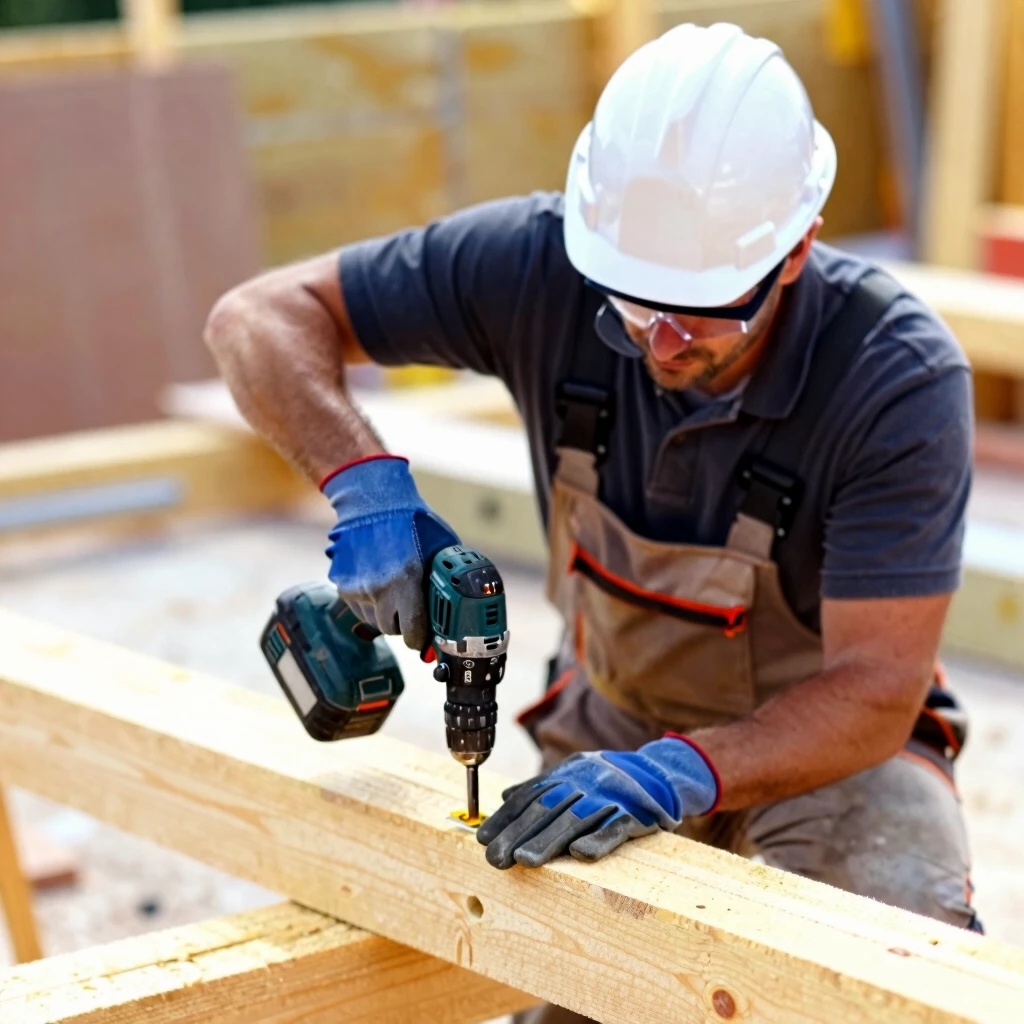 Professional tradesman using a cordless drill on a construction site