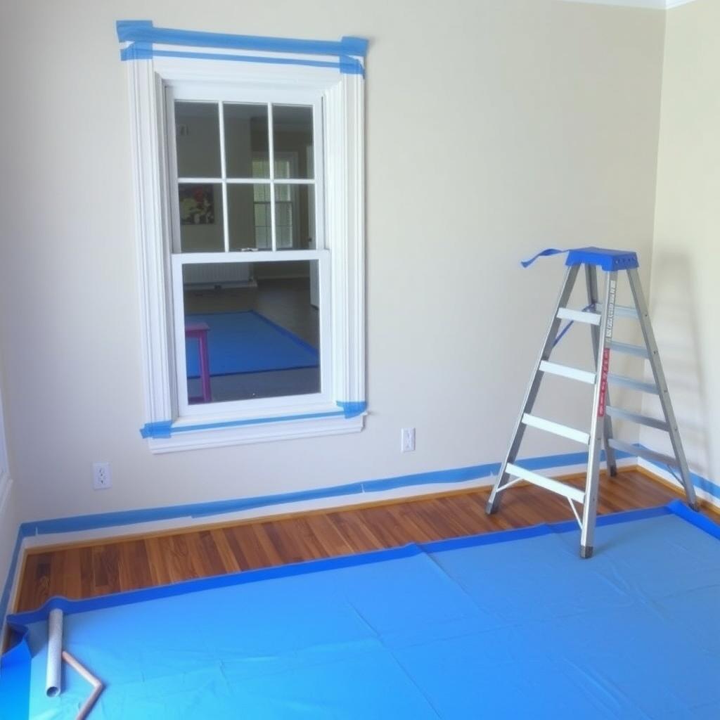 Room with painter’s tape on window frame and baseboard, ready for painting.