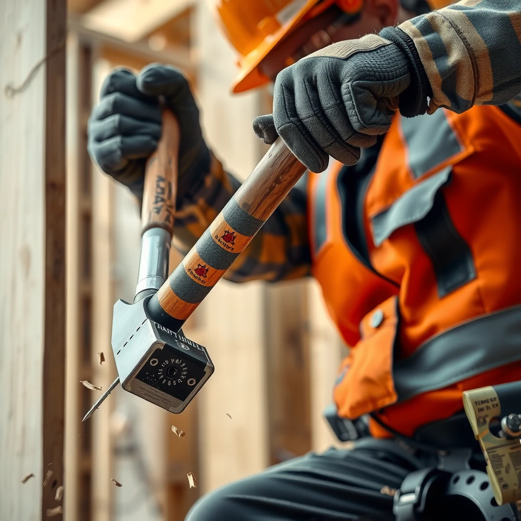 Construction worker swinging a framing hammer to drive a nail