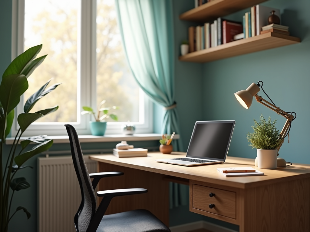 A well-lit home office with a wooden desk, ergonomic chair, and natural light.