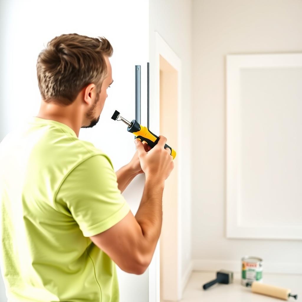 Painter using an edging tool for clean lines in a modern room.