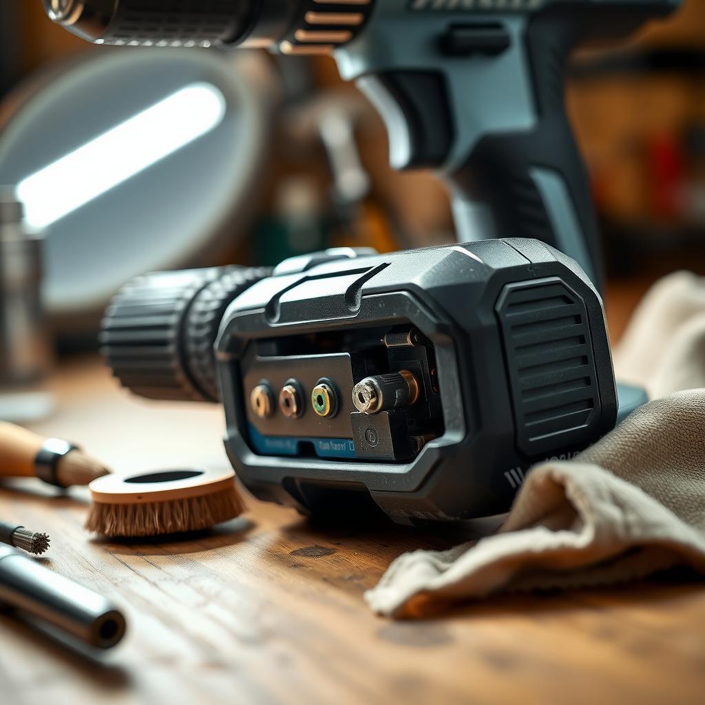 A power drill with its battery and cleaning tools on a workshop table.