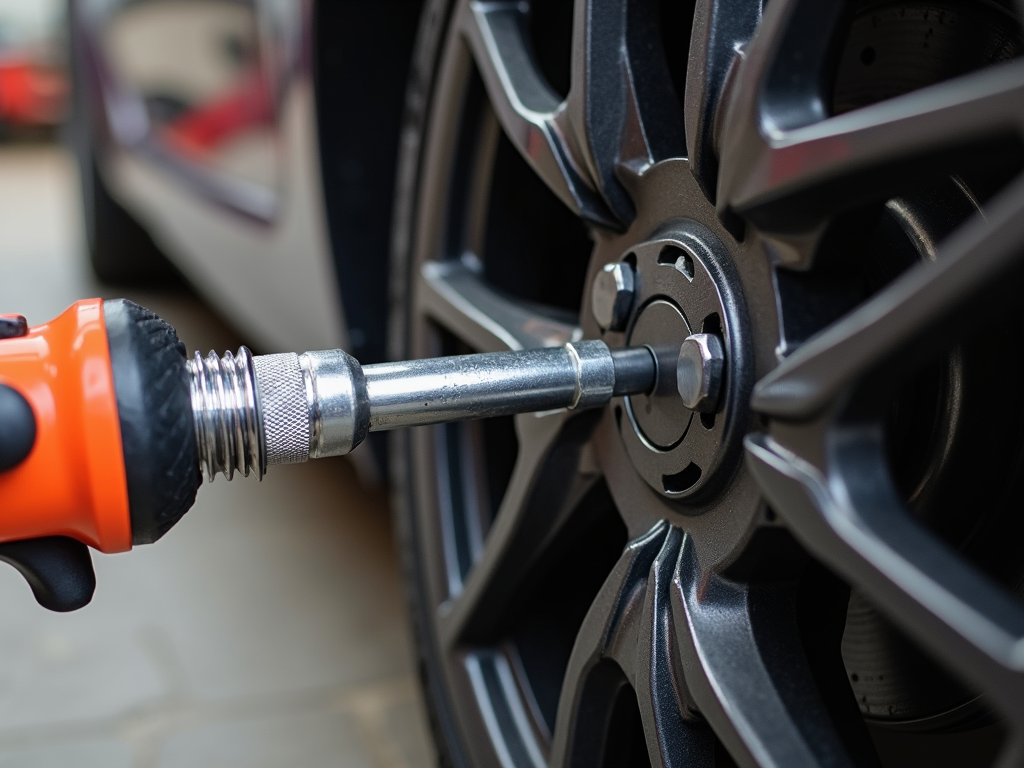 Torque wrench tightening a lug nut on a car wheel