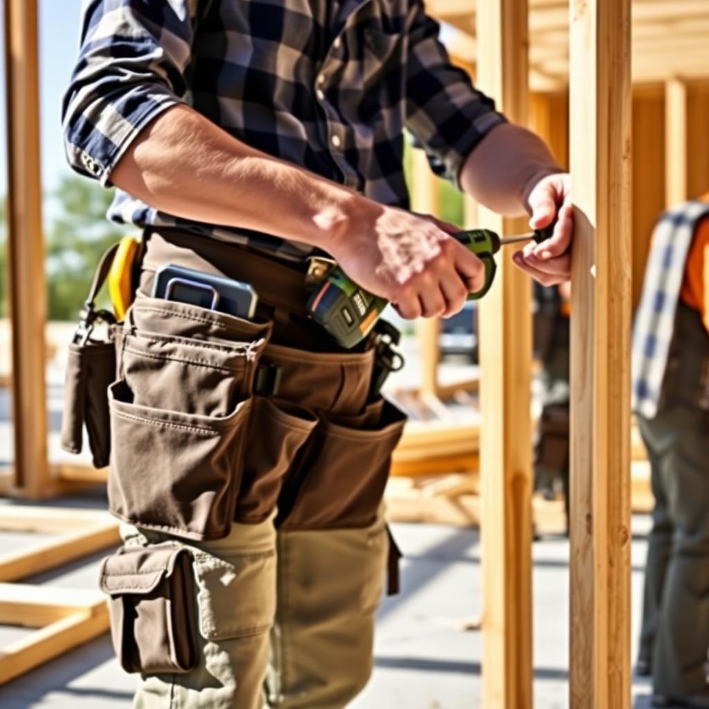 Carpenter with a tool belt using a cordless drill on a construction site with wooden beams.