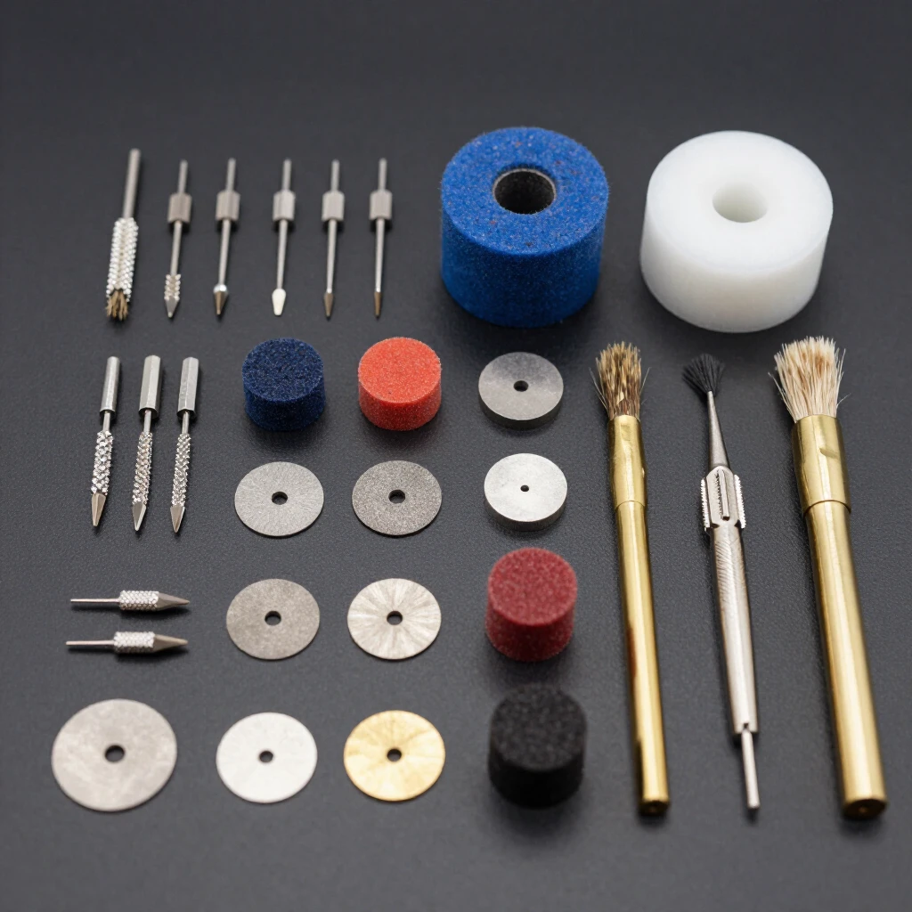 Close-up of various rotary tool bits and accessories for jewelry making