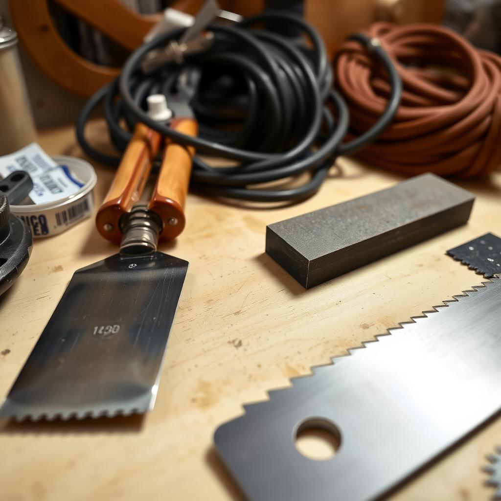 A workbench showcasing well-maintained tools, silica gel packets, and a whetstone for tool care.