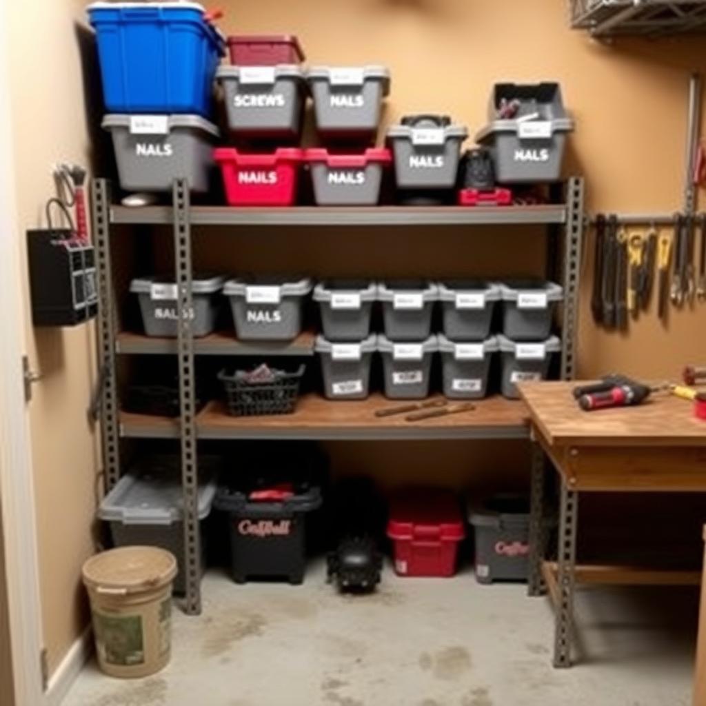 Organized tool shed corner with labeled bins on a metal shelf.
