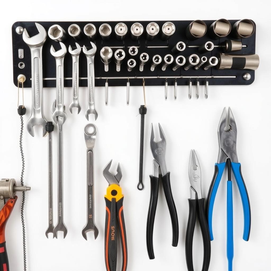 A magnetic strip mounted on a wall, holding various metal hand tools.