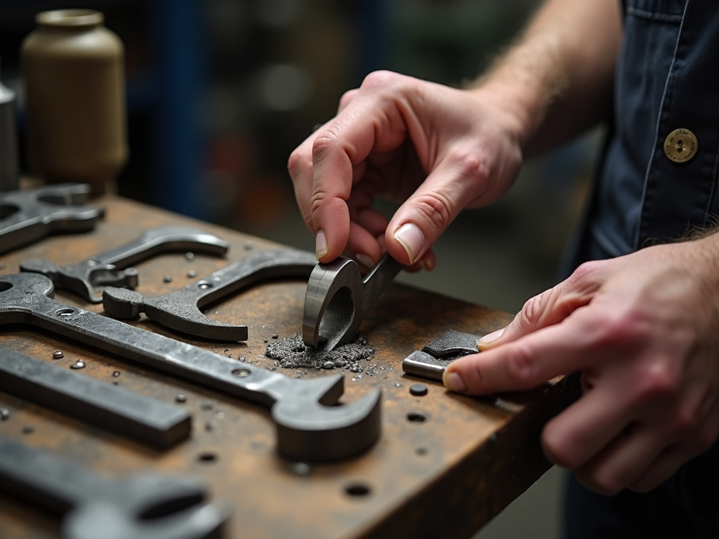 Metalworker cleaning and organizing tools on a workbench