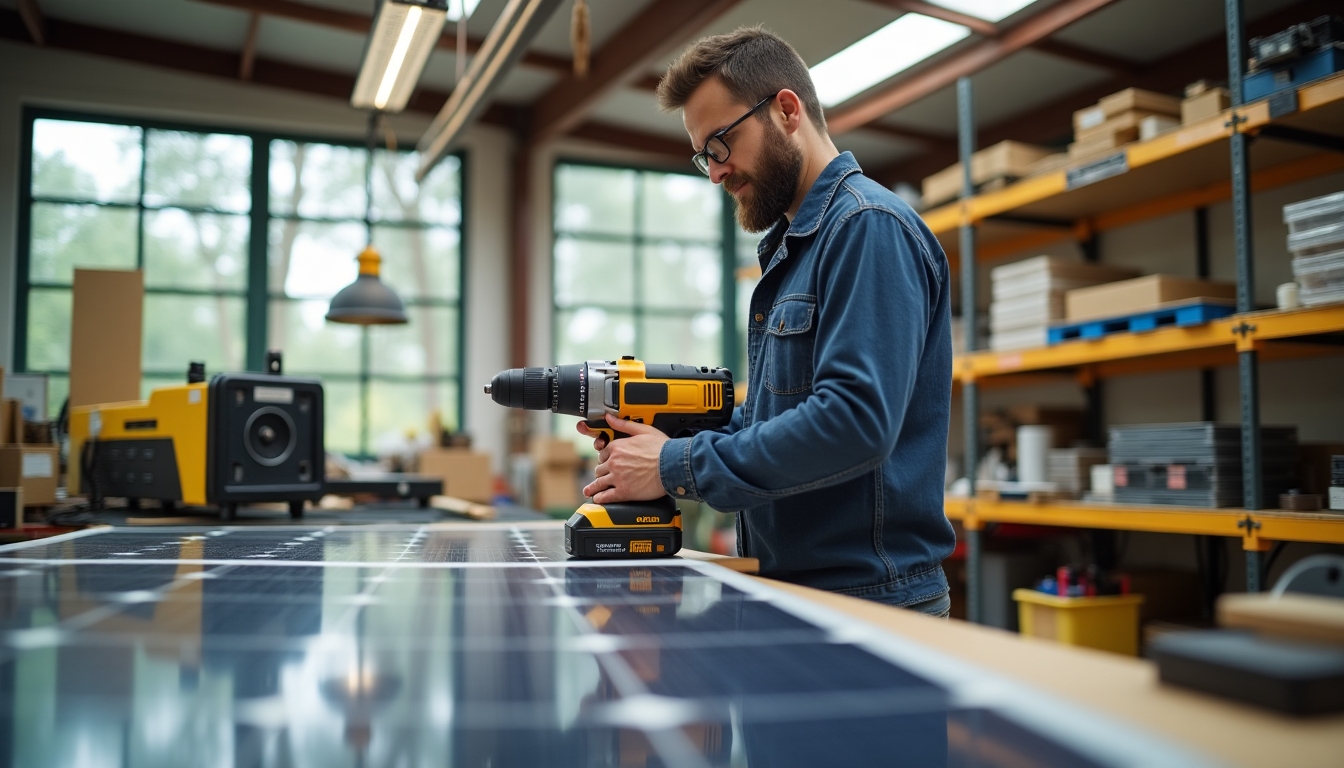 Solar-powered workshop with technician using eco-friendly tools