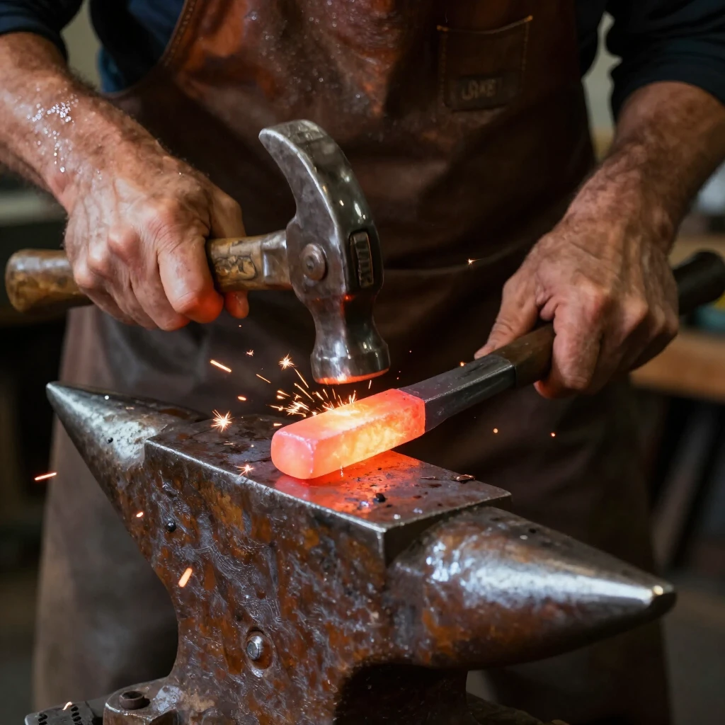 Metalworker forging hot iron with hammer and anvil