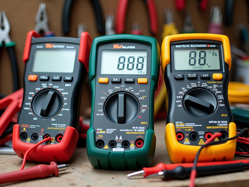 Different multimeters and electrical tools on a workbench