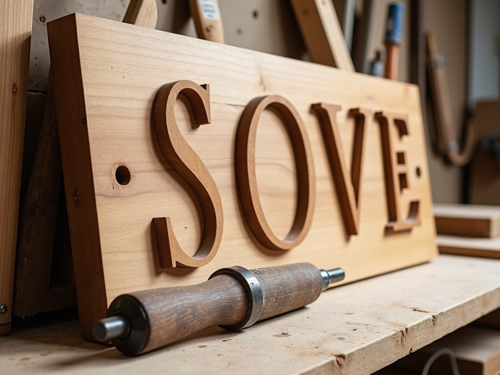 A polished wooden sign next to a rotary tool, showing off the final result.