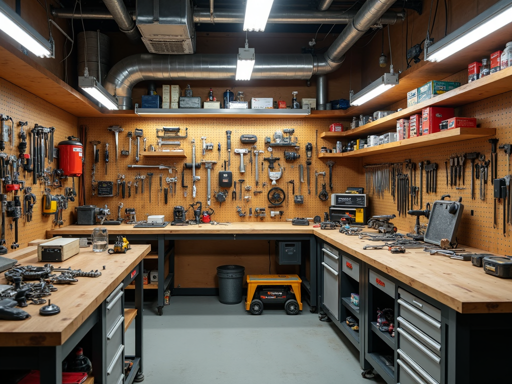 A well-organized workshop with tools stored on pegboards and in cabinets.