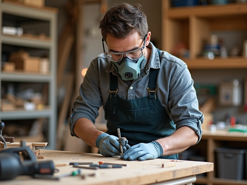 Workshop enthusiast practicing safety with proper gear and organized tools.