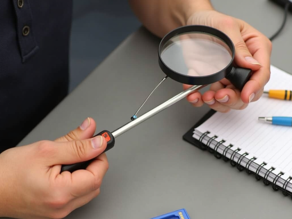 Inspecting screwdriver tip with magnifying glass