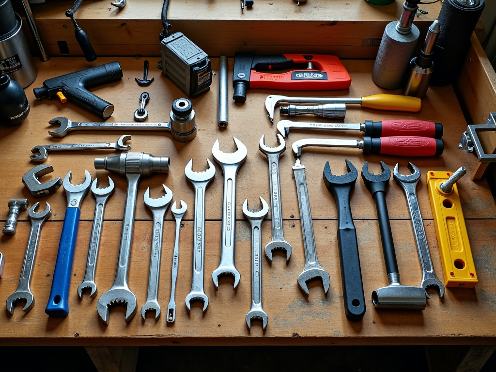 An organized workbench with tools grouped and labeled.