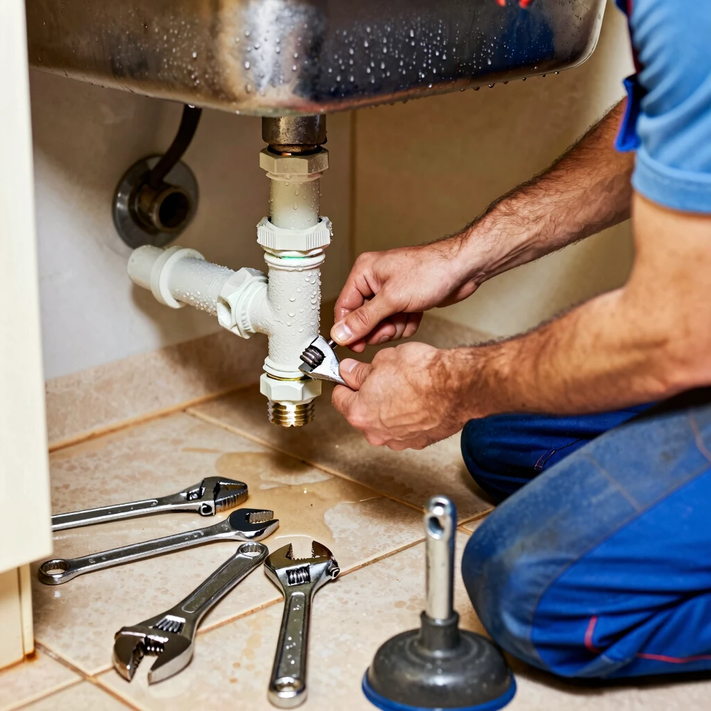 Plumber using workman tools to fix pipes under sink