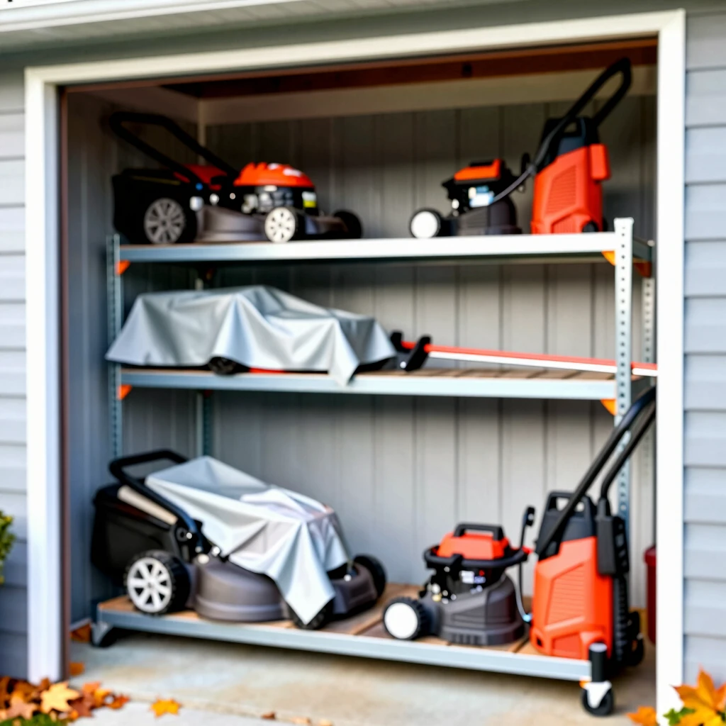 Well-organized seasonal storage of outdoor equipment in a home shed during fall