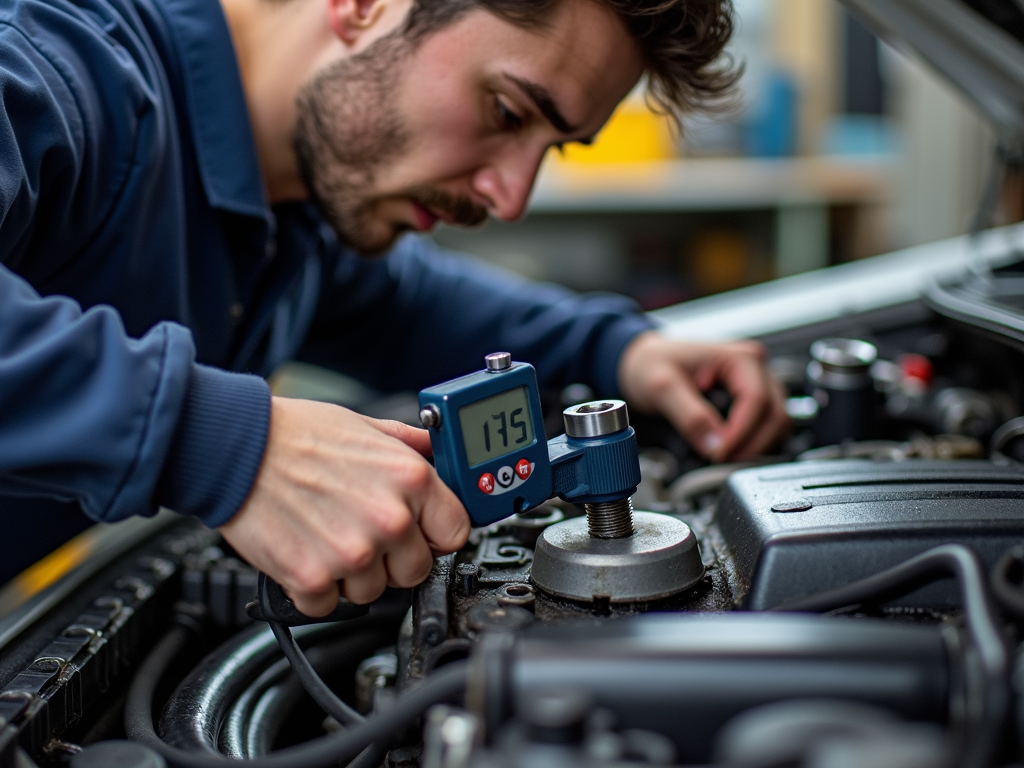 Mechanic using torque wrench on engine