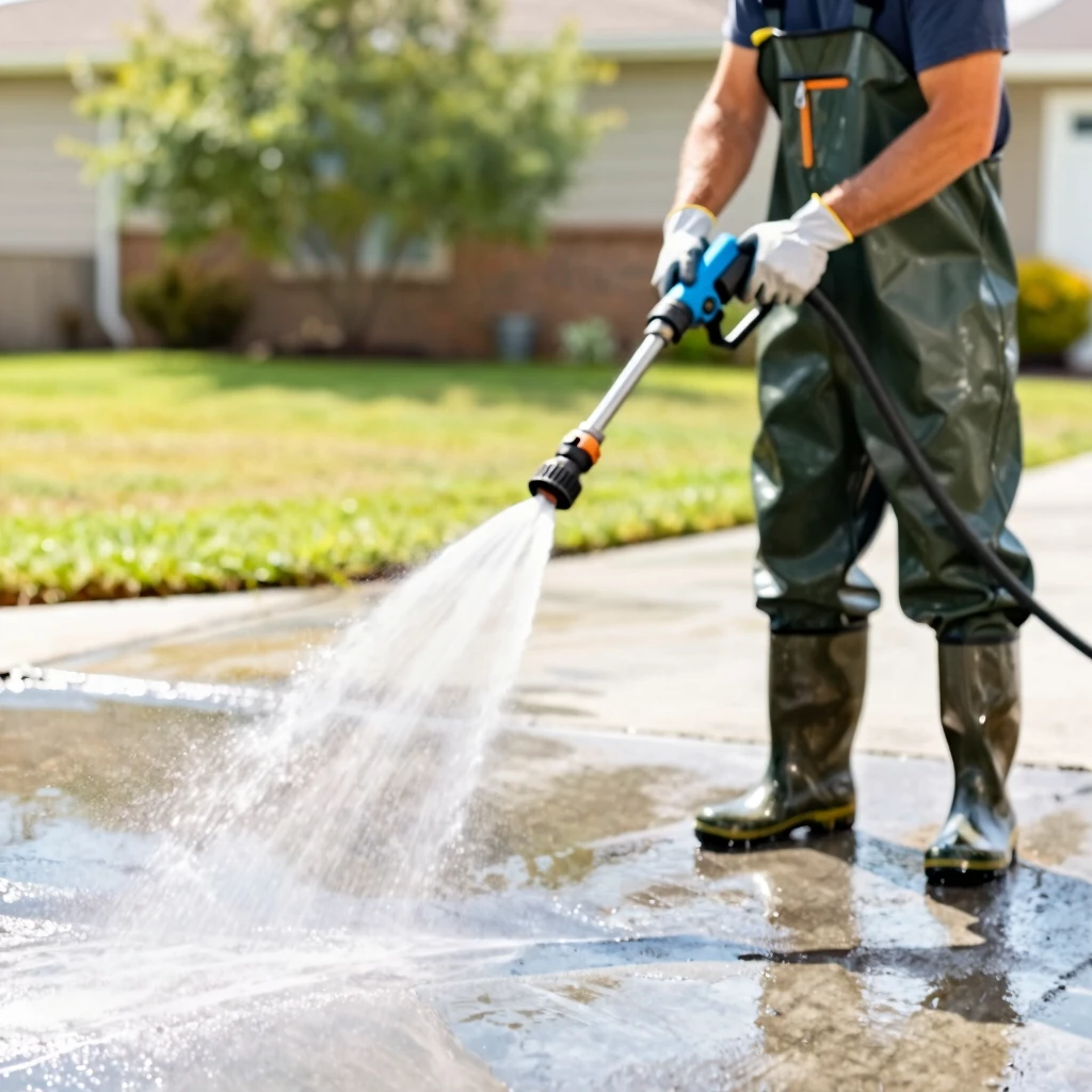 Homeowner safely pressure washing a driveway with proper protective gear and technique