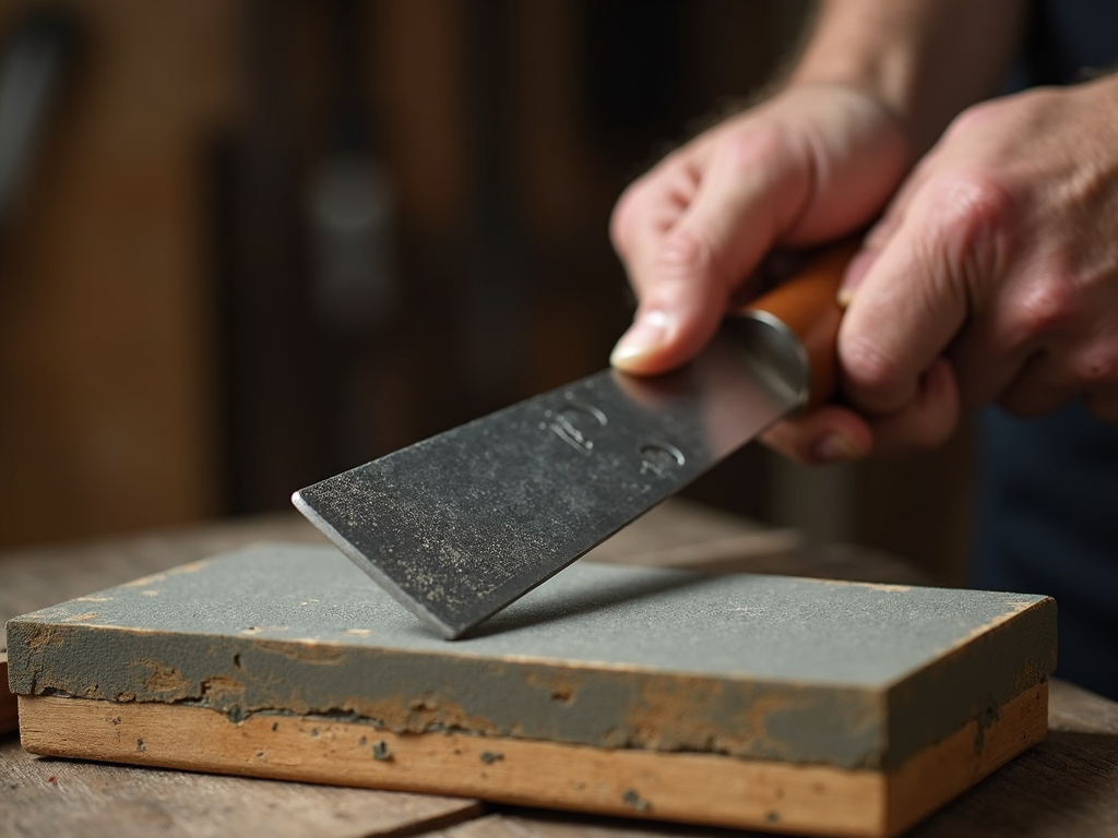 Sharpening a chisel on a whetstone to maintain its edge.