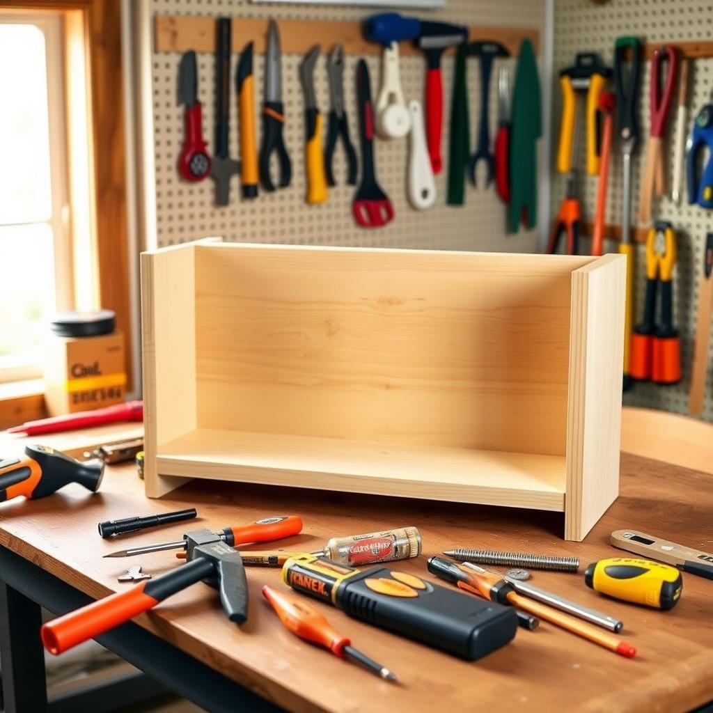 A completed wooden shelf on a workbench with organized DIY tools and a pegboard in the background.