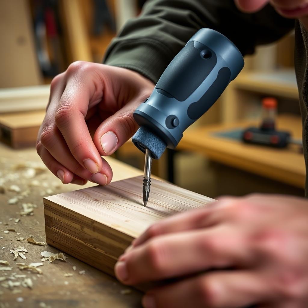 Craftsman using an ergonomic screwdriver with a cushioned handle on a wooden project at a tidy workbench.