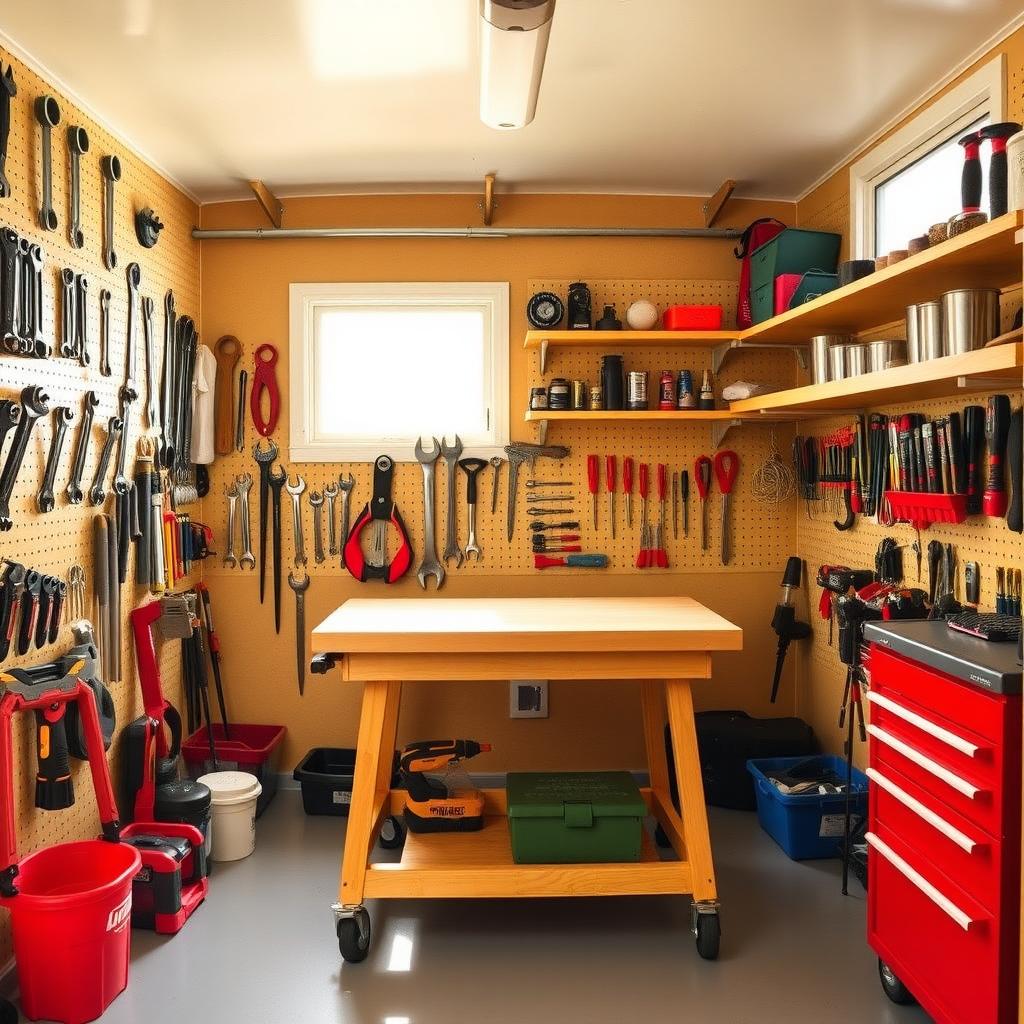 Neatly organized tool shed with tools on pegboards, labeled drawers, and a clean workbench.