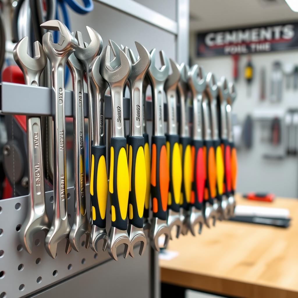 Tool rack displaying ergonomic wrenches with cushioned handles in a workshop