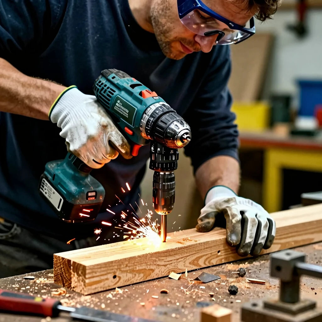 Safe power drill usage with eye protection and clamped material