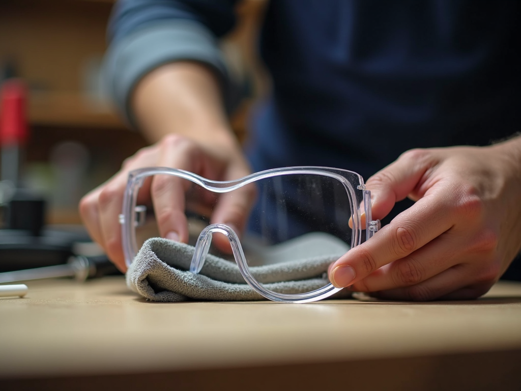 Person cleaning safety glasses